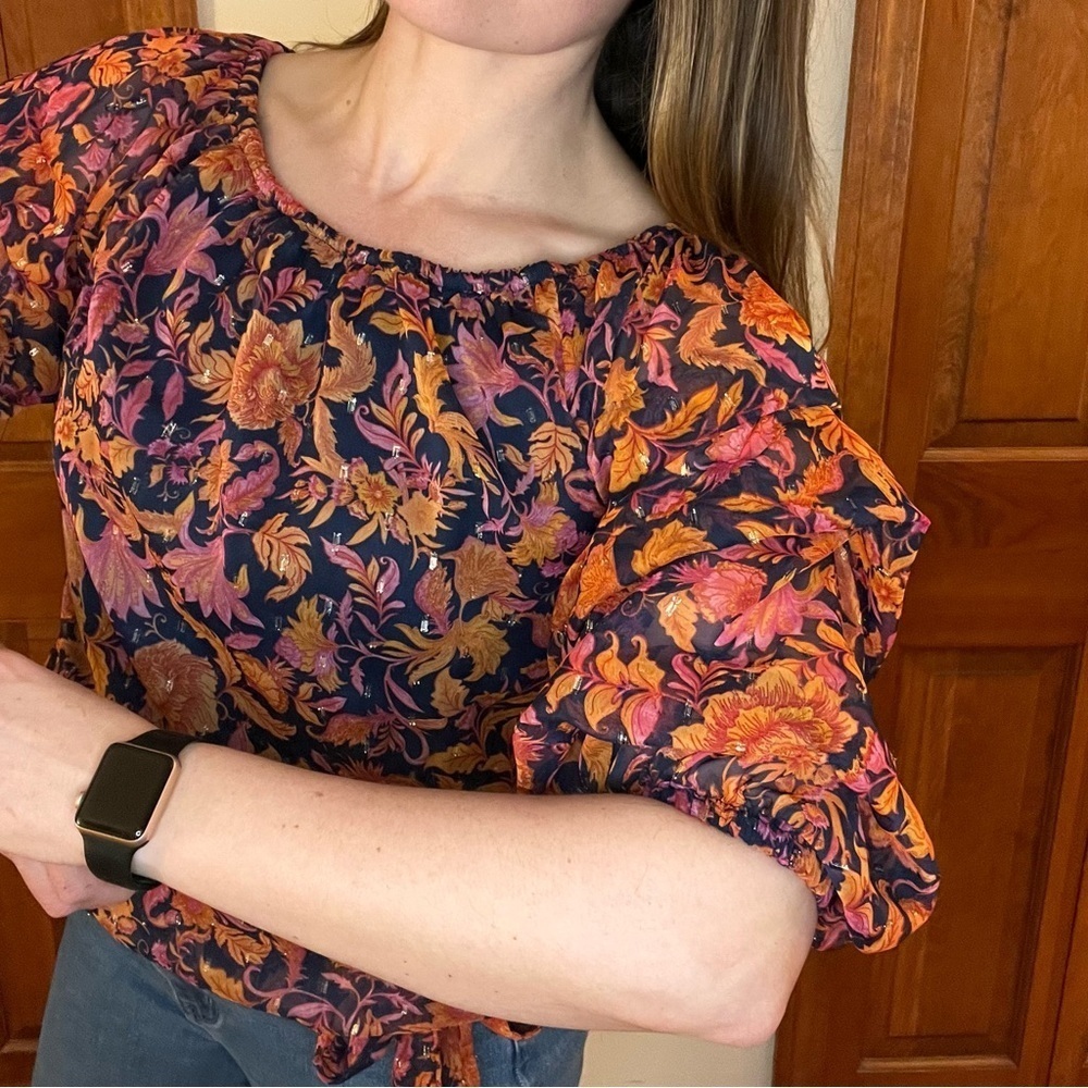 CeCe M Floral Puff Sleeves Bow Blouse Bold Orange Glitter Blue Showgirl Top - Picture 3 of 7